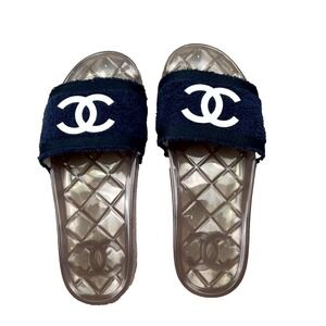 Chanel Terry Pool Women's 39 US 9 Slide Blue Open Toe Casual Slip On Sandal